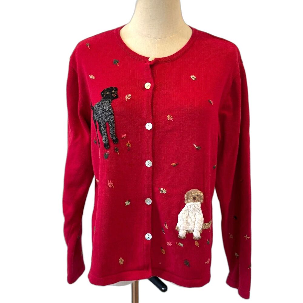Talbots Red Dog Embroidered Button-Front Cardigan